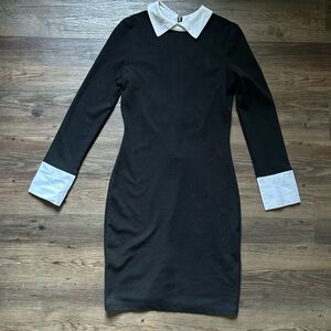 Chic Black Dress with White Collar and Cuffs